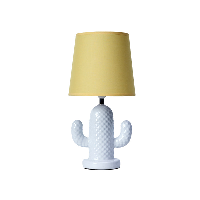 Ceramics Cactus Table Lighting Nordic Style Single Head White Desk Lamp with Barrel Yellow Fabric Shade