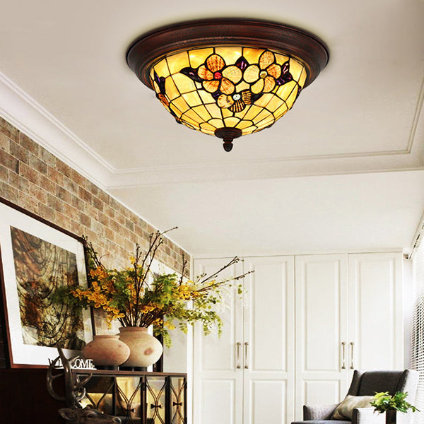 Beige ronde inbouwlamp Vintage glas-in-lood 1-lamps plafondlamp met bloemenpatroon