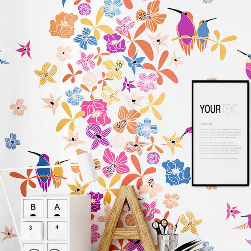 Plaster Wall Covering with Bird and Flower, Multi-Color, 20.5"W x 33'L