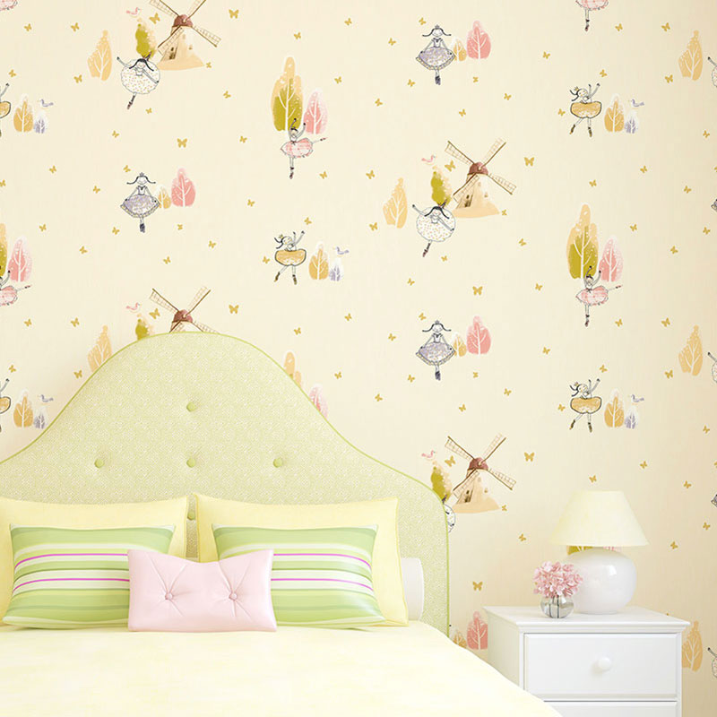 Kid's Room Wallpaper with Soft Color Cartoon Windmill and Tree Pattern, Non-Pasted
