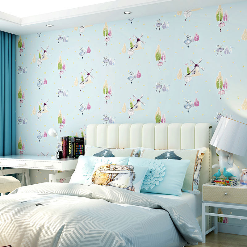 Kid's Room Wallpaper with Soft Color Cartoon Windmill and Tree Pattern, Non-Pasted