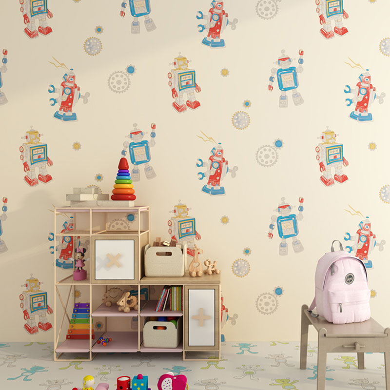 Robot and Astronaut Non-Pasted Wallpaper Roll for Children's Bedroom, 57.1 sq ft., Pastel Color