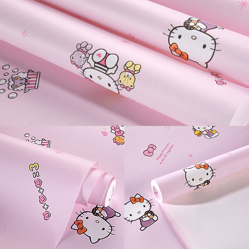 Girl's Wall Covering Romantic Pink Cute Cat Wallpaper Roll, Non-Pasted