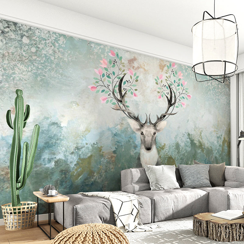 Aesthetic Deer and Forest Mural in Dark Green Living Room Wall Art, Personalized Size Available