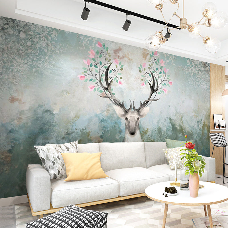 Aesthetic Deer and Forest Mural in Dark Green Living Room Wall Art, Personalized Size Available