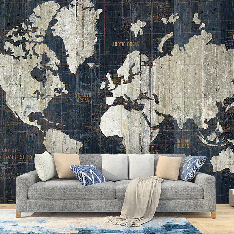 Whole World Map Mural Wallpaper for Living Room Fantasy Wall Decor in Dark Color, Stain-Resistant