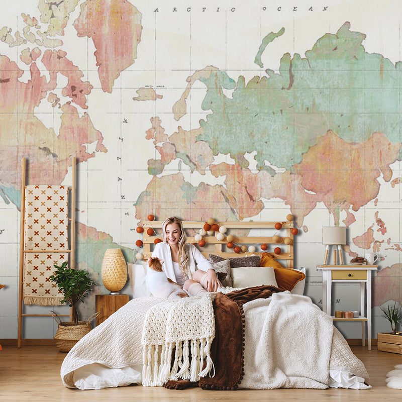 Fresh Green World Map Mural Wallpaper for Restaurant Decoration, Non-Woven Material