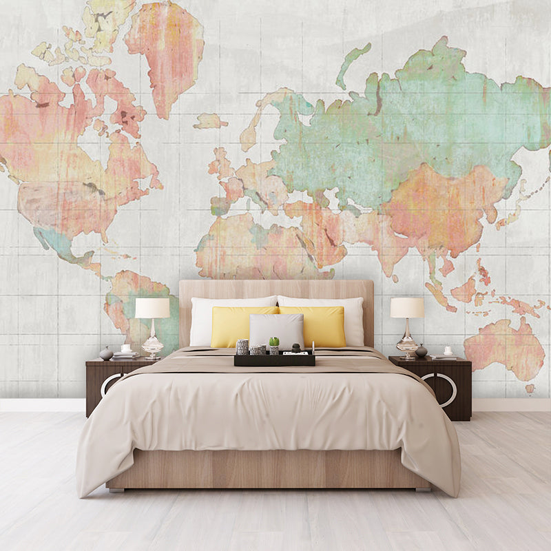 Fresh Green World Map Mural Wallpaper for Restaurant Decoration, Non-Woven Material