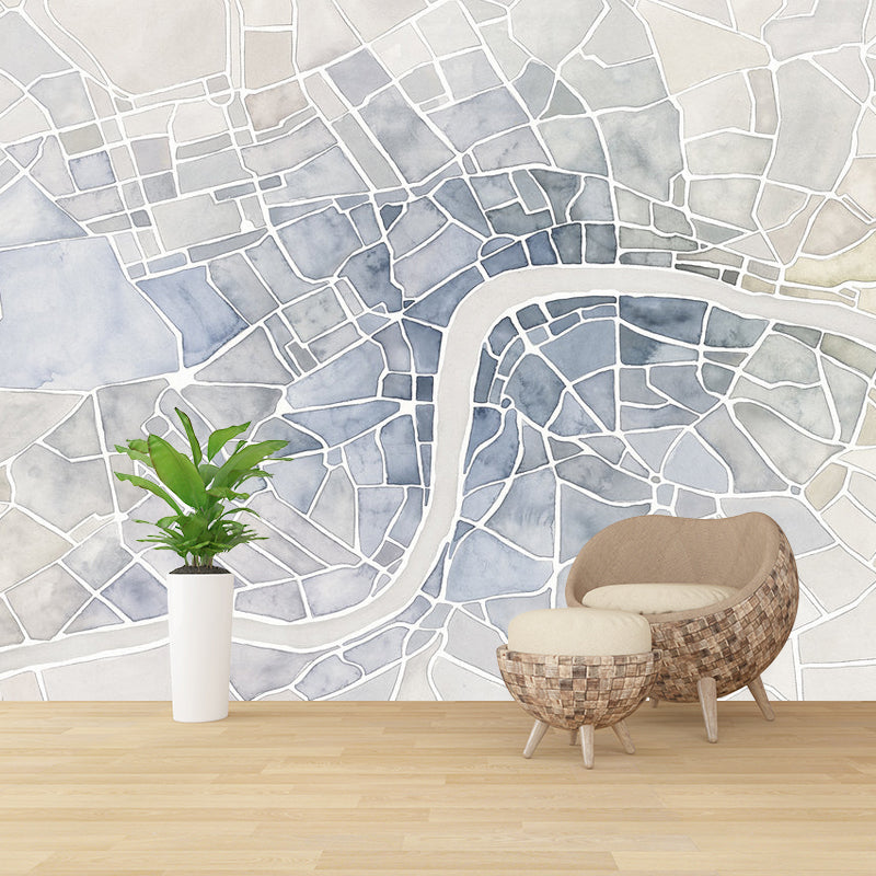 City Street Map Wall Art in Blue, Contemporary Wall Mural for Accent Wall