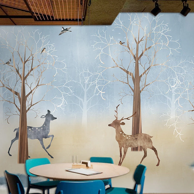 Soft Blue Nordic Wall Decor Full Size Deer and Tree Mural Wallpaper for Children's Bedroom