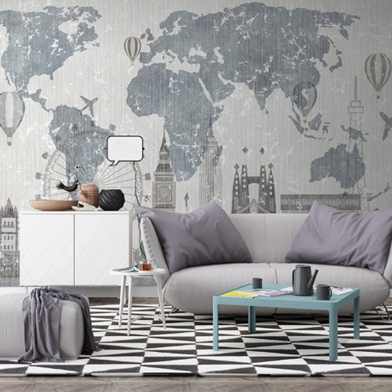 Illustration World Map Mural Full Size Wall Covering for Coffee Shop in Grey and Blue, Made to Measure