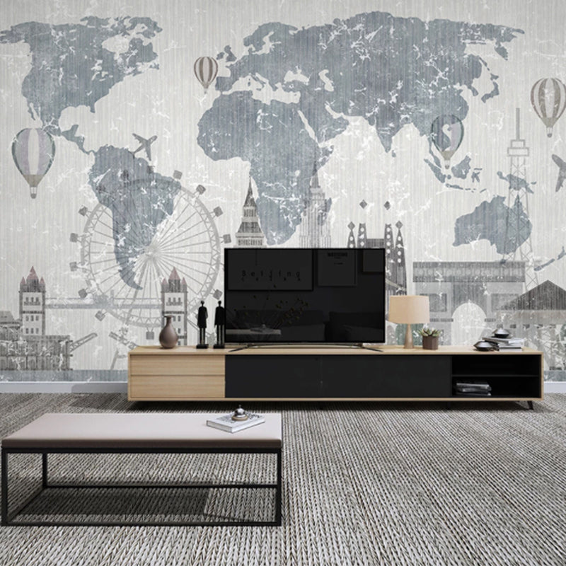 Illustration World Map Mural Full Size Wall Covering for Coffee Shop in Grey and Blue, Made to Measure