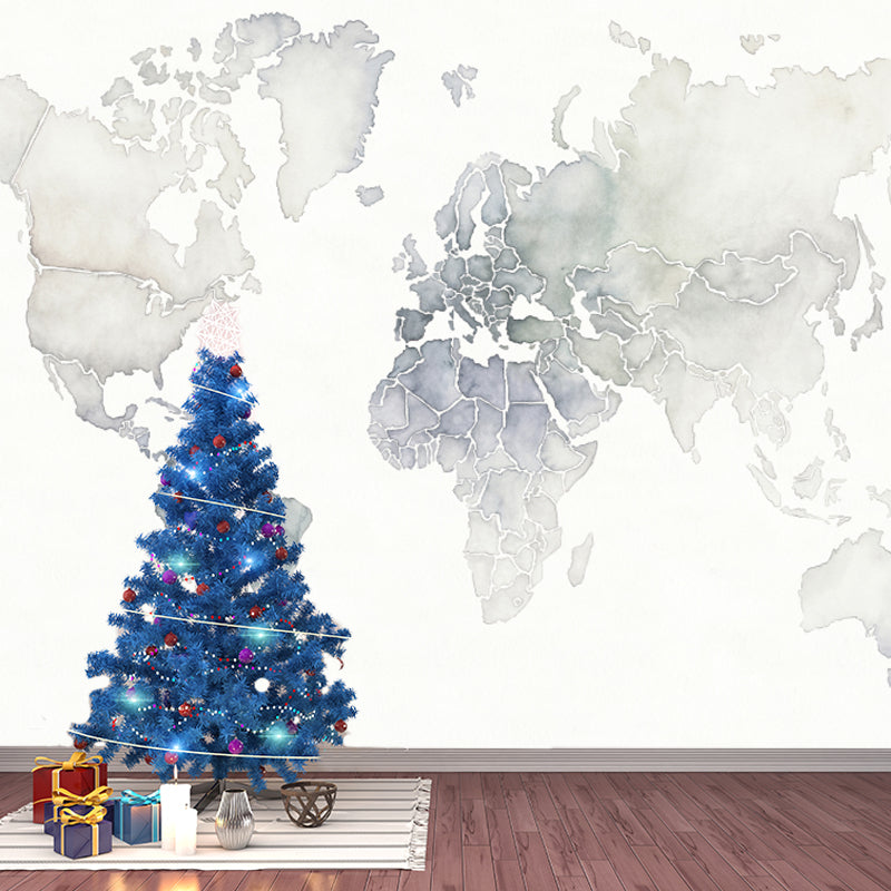 Pewter Minimalist Mural Full Size World Map Wall Covering for Accent Wall