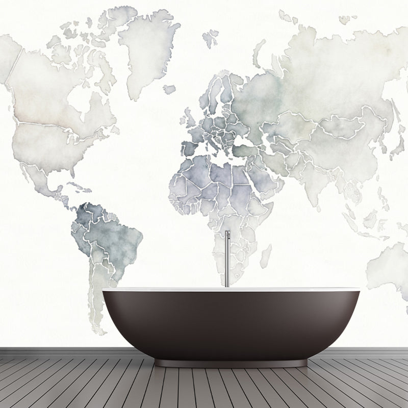 Pewter Minimalist Mural Full Size World Map Wall Covering for Accent Wall