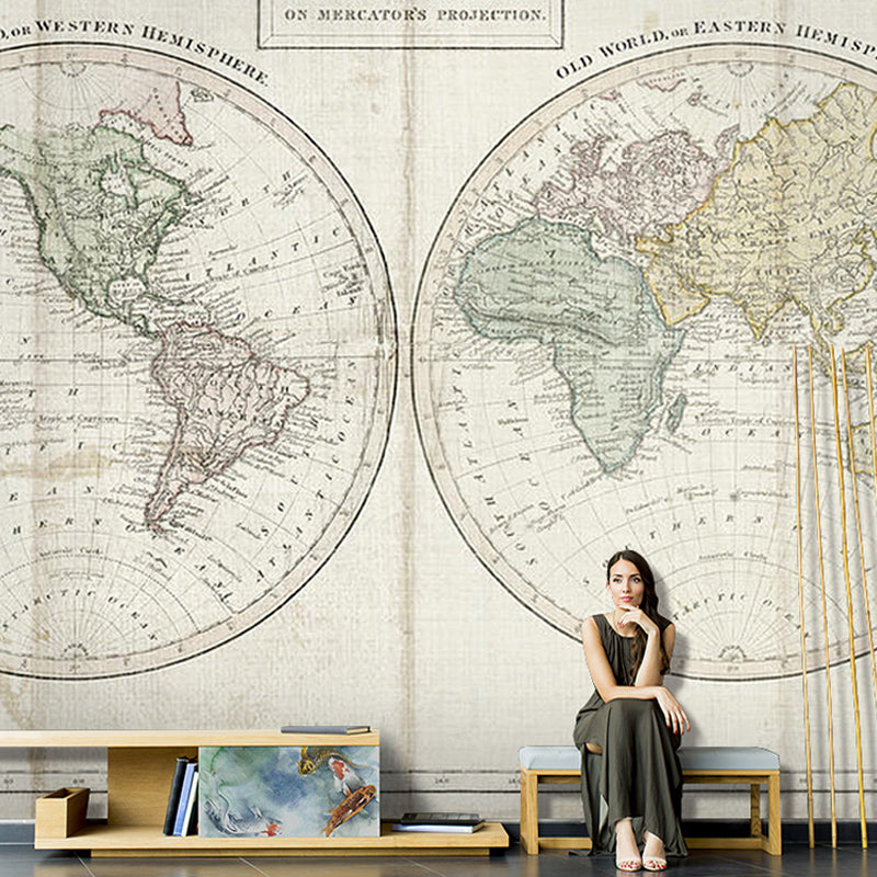 Full World Map Wall Art Nostalgic Novelty Mural Wallpaper in Light Color, Custom-Made