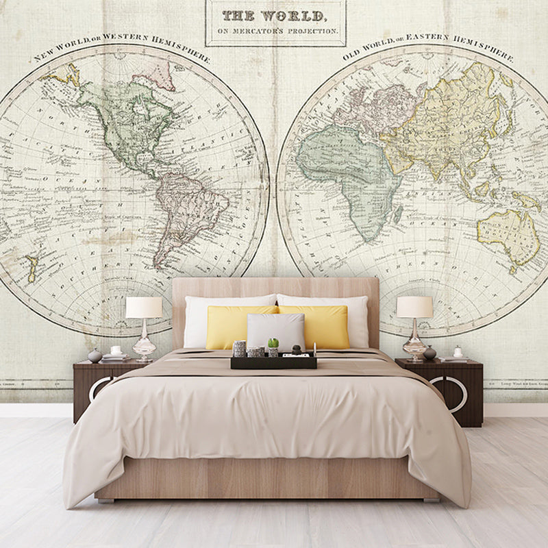 Full World Map Wall Art Nostalgic Novelty Mural Wallpaper in Light Color, Custom-Made