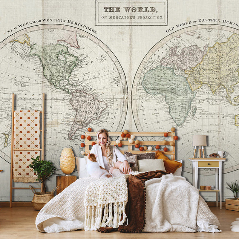 Full World Map Wall Art Nostalgic Novelty Mural Wallpaper in Light Color, Custom-Made