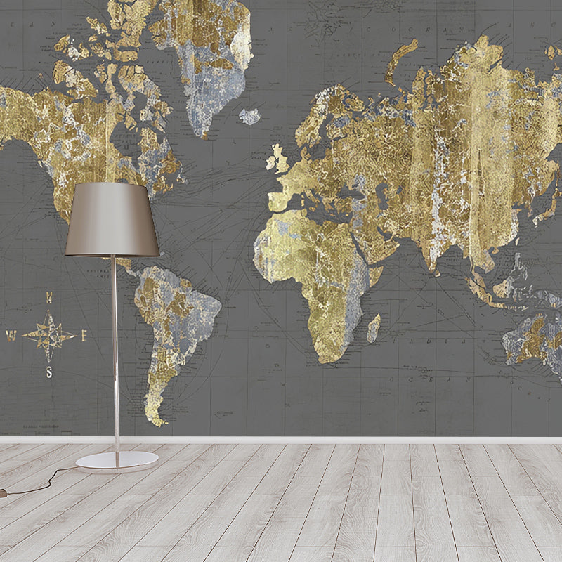 Gold World Map Mural Water-Resistant Wall Decor for Accent Wall