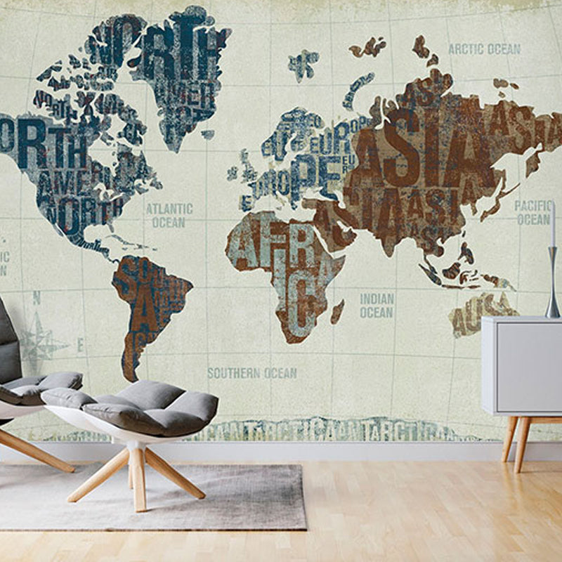 Large illustration Contemporary Mural Wallpaper for Living Room with Brown and Blue World Map