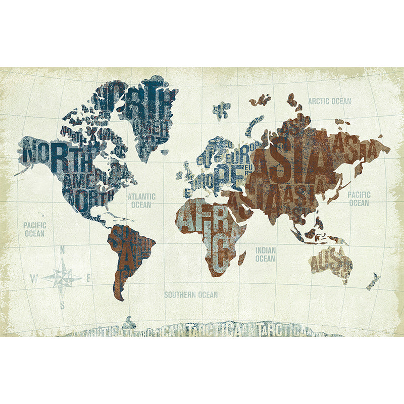 Large illustration Contemporary Mural Wallpaper for Living Room with Brown and Blue World Map