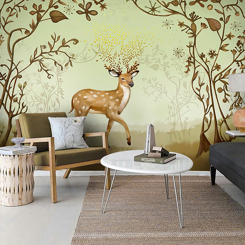 Whole Mural Wallpaper Turquoise Deer and Branch Non-Woven Wall Covering for Home Decor, Made to Measure