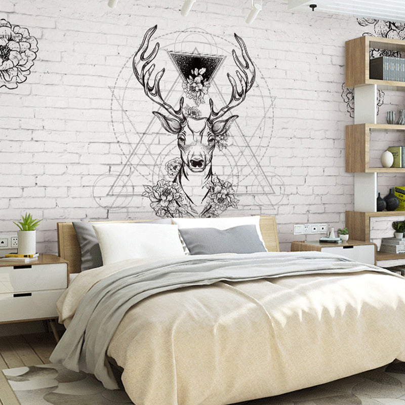 Scandinavian Mural Black and White Deer and Flower Large Wall Decor, Personalized Size Available