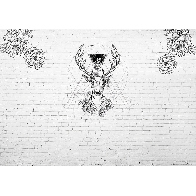 Scandinavian Mural Black and White Deer and Flower Large Wall Decor, Personalized Size Available