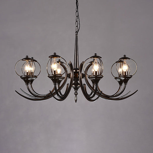 Farmhouse Wire Guard Chandelier Lighting with Curved Arm 8 Heads Iron Hanging Light Fixture in Black