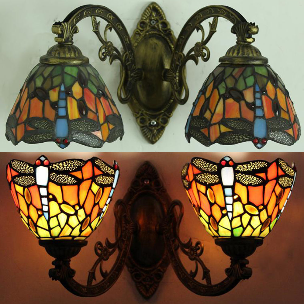 Rustic Loft Dragonfly Sconce Lamp with Curved Arm Stained Glass Double Wall Light for Bedroom