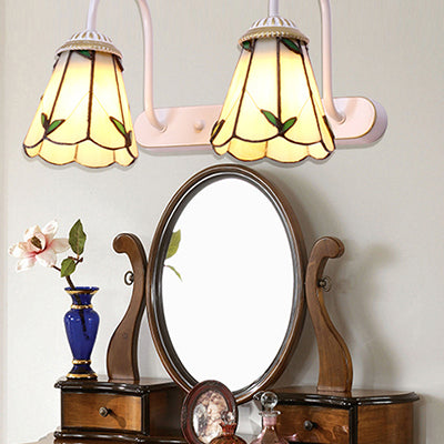 Beige Glass Lily Wall Mounted Lighting Tiffany 2 Heads White Vanity Light Fixture