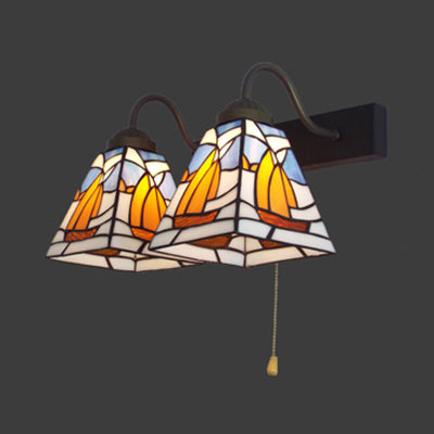 2 Heads Sailboat Wall Light Fixture Tiffany Blue Stained Glass Sconce Light with Pull Chain