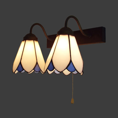 White Glass Lily Sconce Light Fixture Tiffany 2 Heads Black Wall Mount Light with Pull Chain Switch