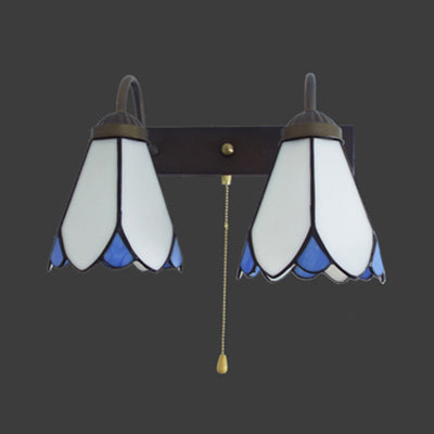 White Glass Lily Sconce Light Fixture Tiffany 2 Heads Black Wall Mount Light with Pull Chain Switch