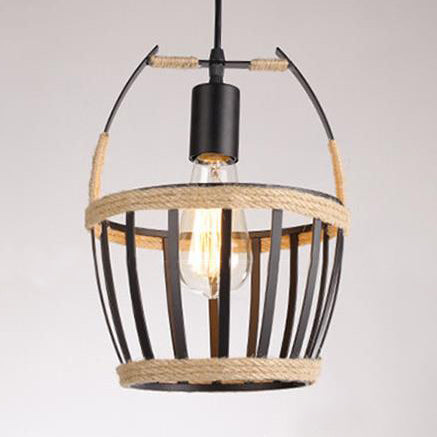 Metal Bucket Cage Hanging Ceiling Light Country 1 Light Restaurant Pendant Lighting with Rope Detail in Black
