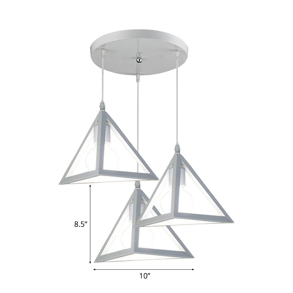 3 Heads Hanging Lamp Retro Industrial Triangle Metallic Pendant Lighting with Wire Guard and Linear/Round Canopy in Black/White