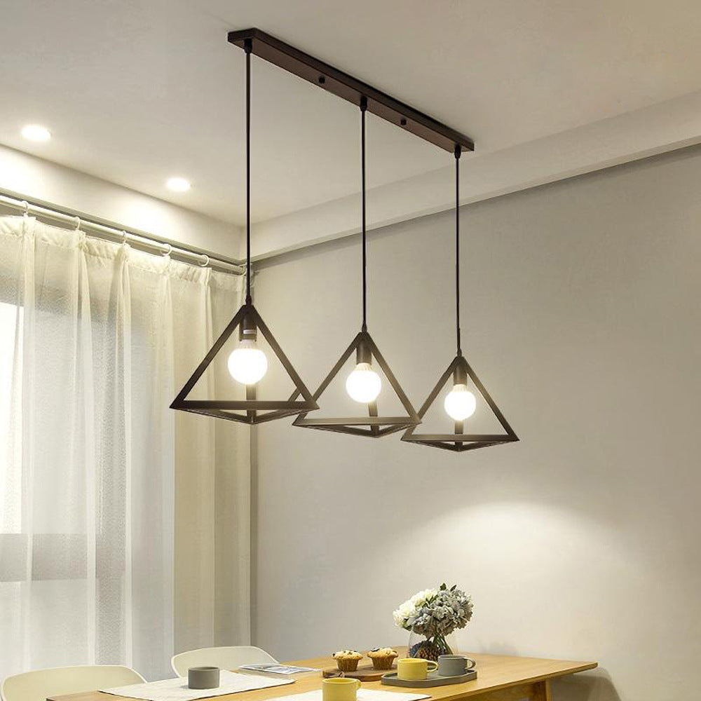 3 Heads Hanging Lamp Retro Industrial Triangle Metallic Pendant Lighting with Wire Guard and Linear/Round Canopy in Black/White
