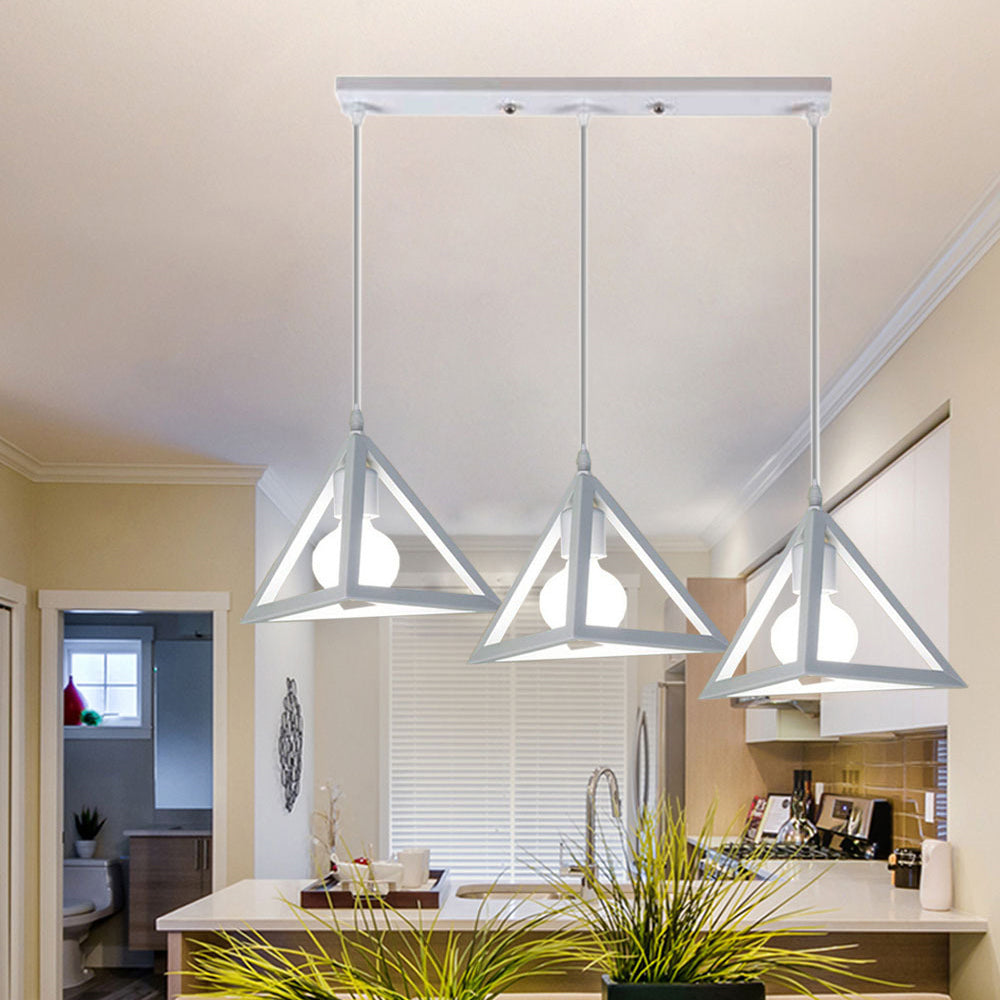 3 Heads Hanging Lamp Retro Industrial Triangle Metallic Pendant Lighting with Wire Guard and Linear/Round Canopy in Black/White