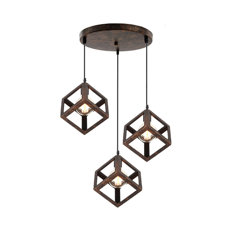 3 Bulbs Metal Pendant Light Industrial Black/White Squared Living Room Ceiling Lamp with Wire Cage Shade