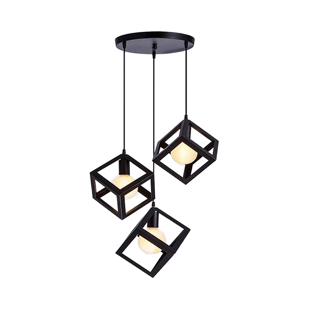 3 Bulbs Metal Pendant Light Industrial Black/White Squared Living Room Ceiling Lamp with Wire Cage Shade