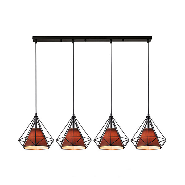 5 Lights Wire Cage Hanging Lamp with Diamond Shade Industrial Brown/Multi Colored Metal and Fabric Pendant Light