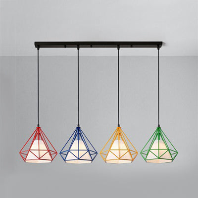 5 Lights Wire Cage Hanging Lamp with Diamond Shade Industrial Brown/Multi Colored Metal and Fabric Pendant Light