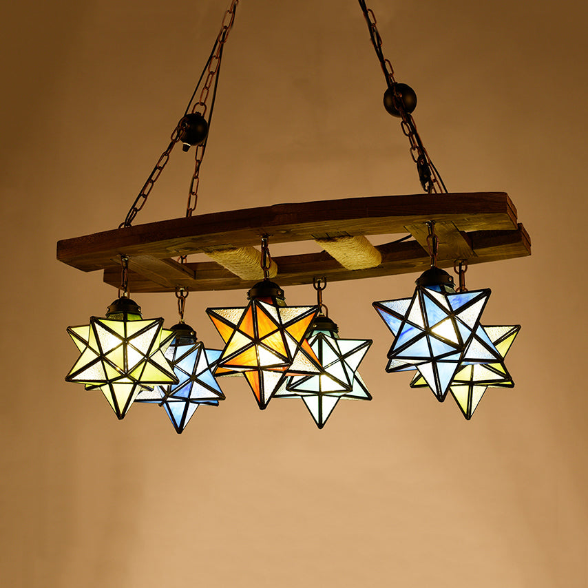 Multi Color Star Chandelier Stained Glass 6 Lights Rustic Loft Hanging Pendant Light in Rust for Bar