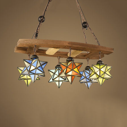 Multi Color Star Chandelier Stained Glass 6 Lights Rustic Loft Hanging Pendant Light in Rust for Bar