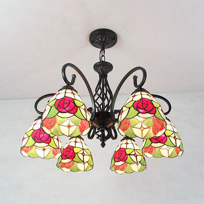 Red Rose Chandelier Light with Dome Shade Lodge Style 6 Lights Glass Pendant Light for Stairway