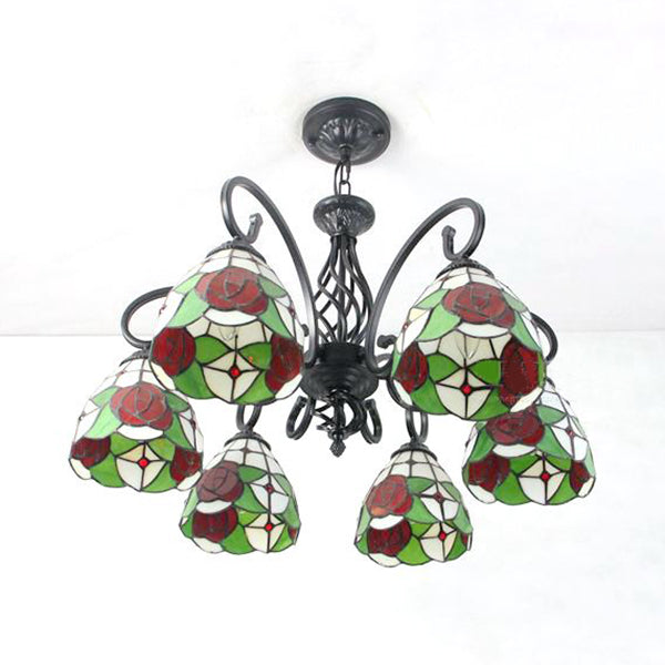 Red Rose Kronleuchter Licht mit Dome Shade Lodge Style 6 Lichter Glas Anhänger Licht für Treppe