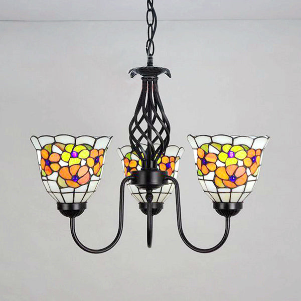 Stained Glass Flower Pendant Light with Adjustable Chain and Gooseneck 3 Lights Tiffany Chandelier in Orange