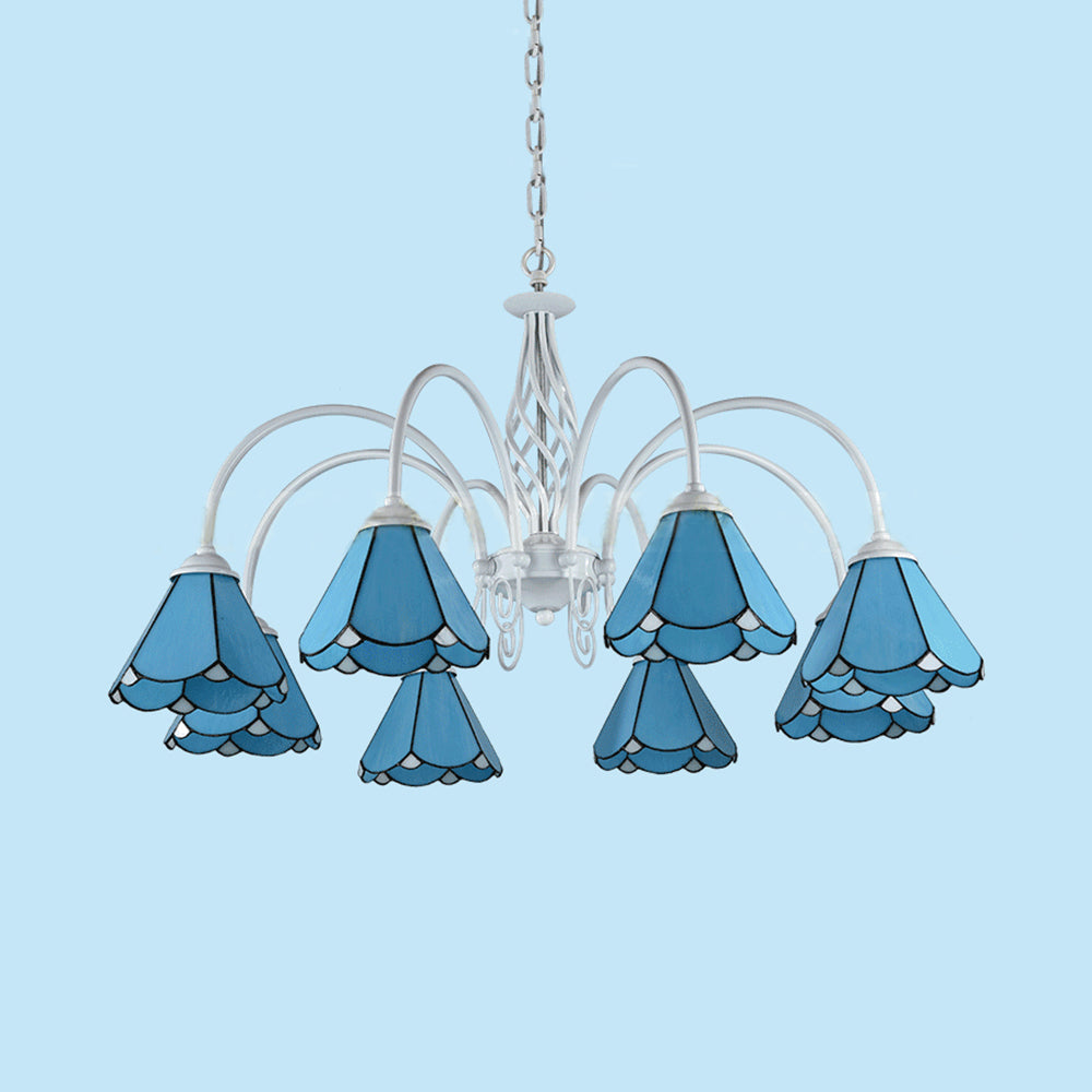 Tiffany Blue Hanging Light with Conical Shade Adjustable Chain Glass Ceiling Chandelier for Hallway