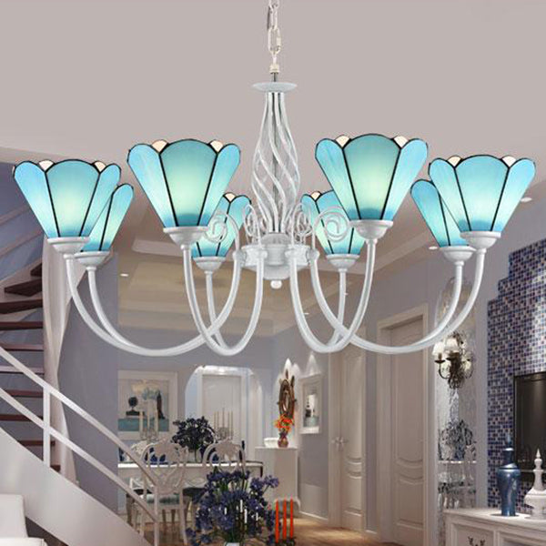 Tiffany Blue Hanging Light con lámpara de techo de vidrio de cadena ajustable de sombra cónica para el pasillo