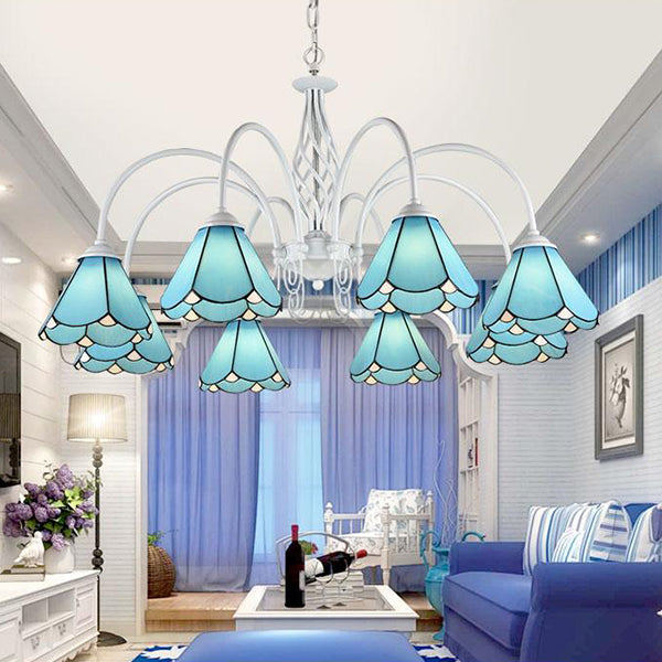 Tiffany Blue Hanging Light with Conical Shade Adjustable Chain Glass Ceiling Chandelier for Hallway