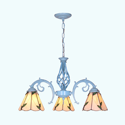 Leaf Chandelier Lighting with Conical Glass Shade 3 Lights Lodge Pendant Lighting in Beige